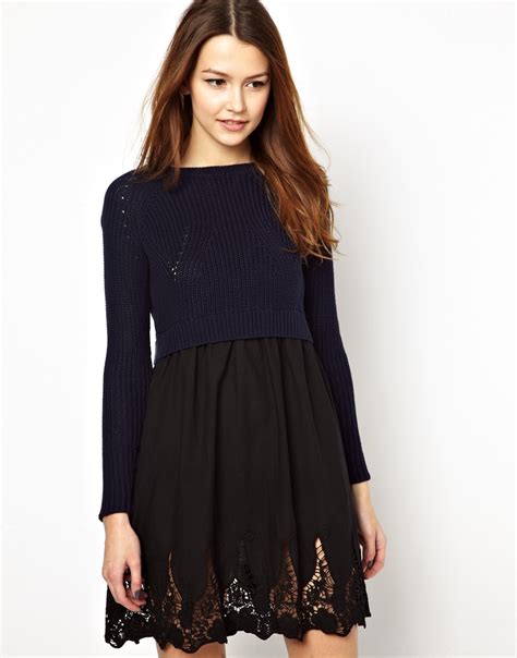 Asos Chunky Jumper Dress With Lace Skirt In Blue Lyst