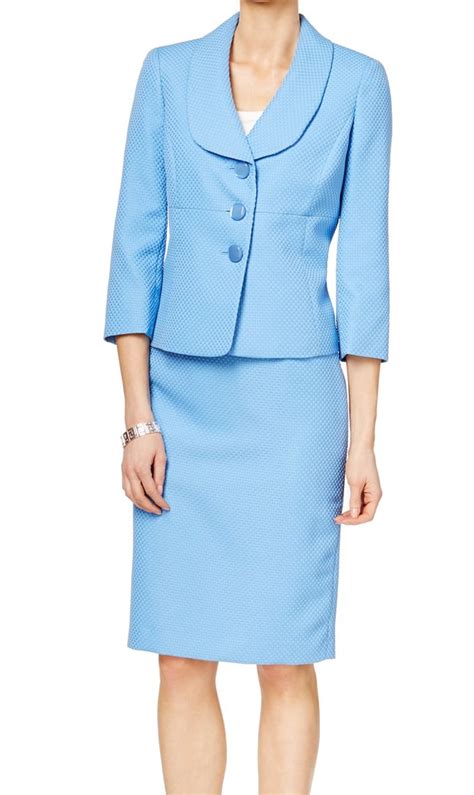 Le Suit NEW Lake Blue Womens Size 10 Three Button Pique Skirt Suit Set