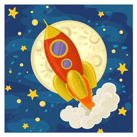 Premium Vector Cartoon Rocket Flying On The Background Of The Moon