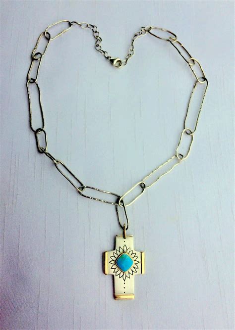 Turquoise Sterling And 14k Gold Cross Necklace Etsy