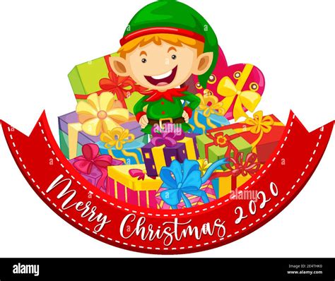 Merry Christmas 2020 Font Banner With Cute Elf And Many Ts On White