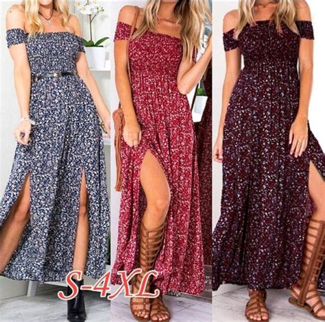 Women Summer Sexy Floral Print Off Shoulder Beach Bohemian Chiffon Dress Size S 4xl Wish