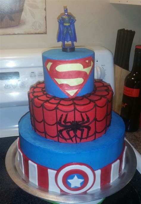 Buttercream Tiered Superhero Cake Batman Superman Spiderman And Captain America Fondant