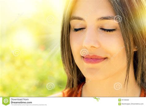Face Shot Of Relaxed Woman Meditating Outdoors. Stock Photo - Image of eyes, female: 91726402
