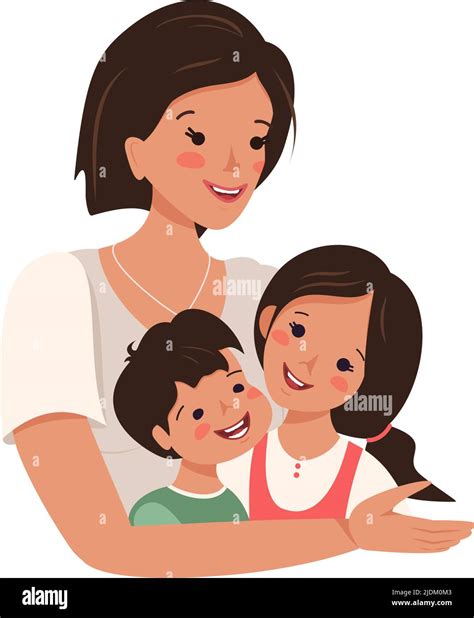 Mamá Abraza A Su Hijo Y A Su Hija Feliz Día Familiar Madre Amor Por