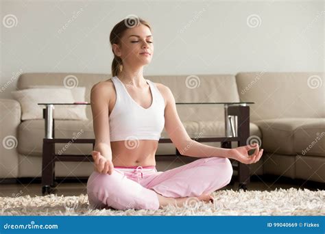 Young Woman Practicing Yoga At Home Stock Image Image Of Floor Practice 99040669