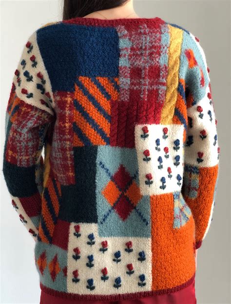 Vintage Patchwork Hand Knit Sweater Wool Cottagecore Colorful Etsy