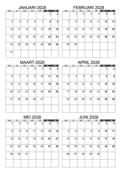 Kalender Januari Februari Maart April Mei Juni 2028