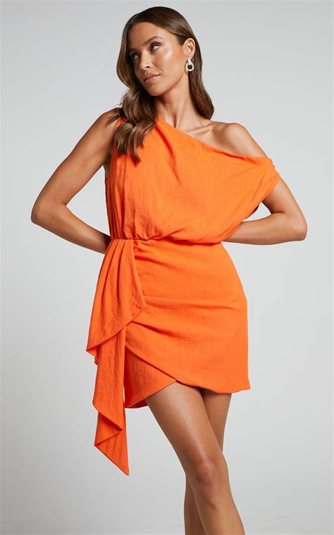 Niana Drape One Shoulder Mini Dress In Orange Showpo Usa