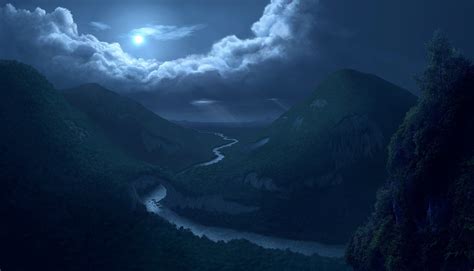 Night River Path Trough Mountains With Blue Moon Wallpaper Night