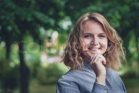 Happy Attractive Blond Woman Looking Back Stock Image Colourbox