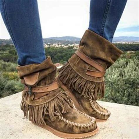 Winter Women Suede Tassel Fringe Moccasin Boot Casual Flat Slouch Mid Calf Shoes Ebay