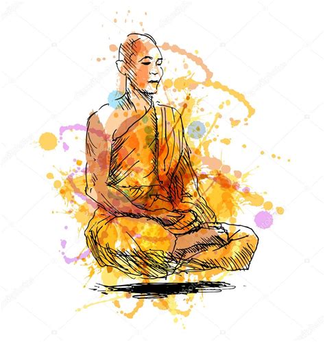 Colored Hand Sketch Meditating Monk Stock Vector Image By ©onot 129386852