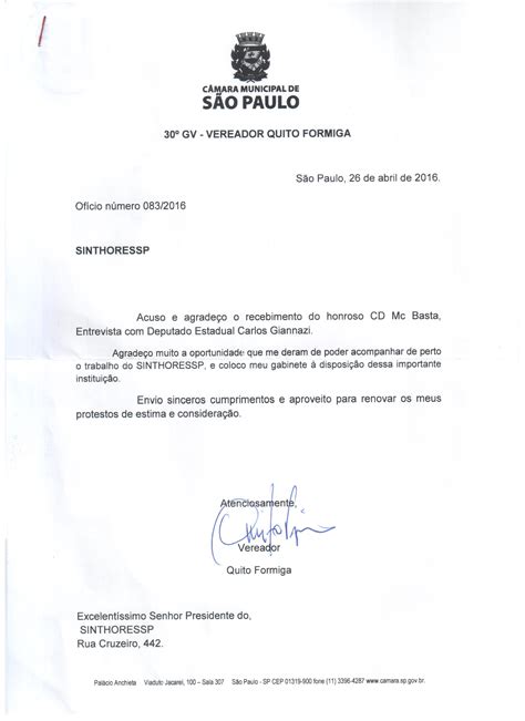 Ofício Recebido Da Câmara Municipal De São Paulo Amo Meus Direitos