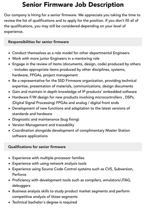 Senior Firmware Job Description Velvet Jobs