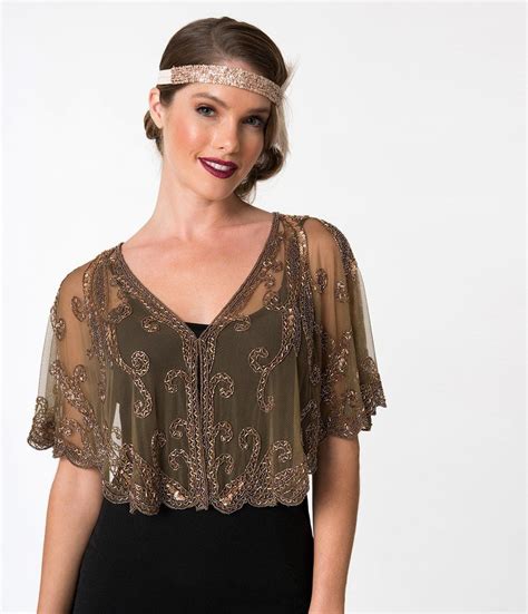 1920s style brown and dusty rose gold beaded sheer mesh capelet 1920s fashion 1920s evening