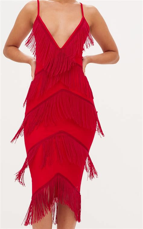 Red Strappy Tassel Longline Midi Dress Dresses Prettylittlething