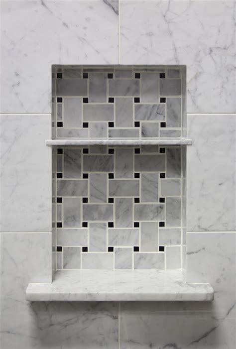Venatino Carrara Nero Basket Weave Niche Shower Shelves Tile
