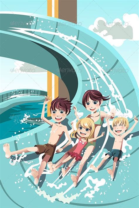 Kids Playing In Water Slides Childrens Drawings Water Slides