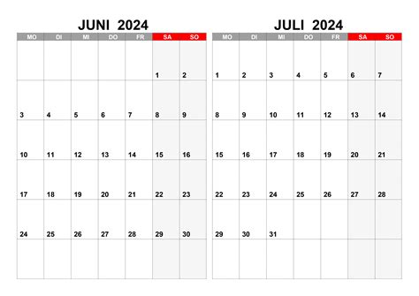 Kalender Für Juni Juli 2024 Kalendersu