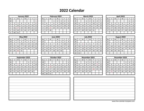 Printable Yearly Calendar 2022 Free Calendar