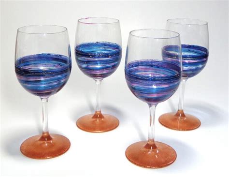 Hand Painted Wine Glasses Purple Blue And Copper Swirl Set Etsy