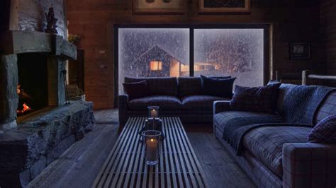 Relaxing Atmosphere Beautiful Snow With Fireplace Cozy Night