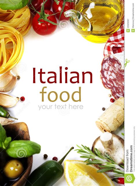 Italian language, romance language spoken by some 66,000,000 persons, the vast majority of whom live in italy (including sicily and sardinia). Italian food. stock image. Image of mushroom, colors ...