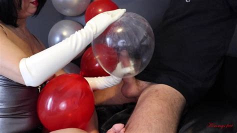 Condom Balloon Handjob With Long Latex Gloves Cum In And On Balloons