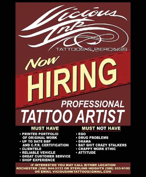 Now Hiring A Professional Tattoo Artist Vicious Ink Tattoos And Piercings