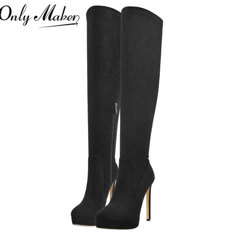 onlymaker brand women fashion over the knee boots black flock platform zipper mature sexy