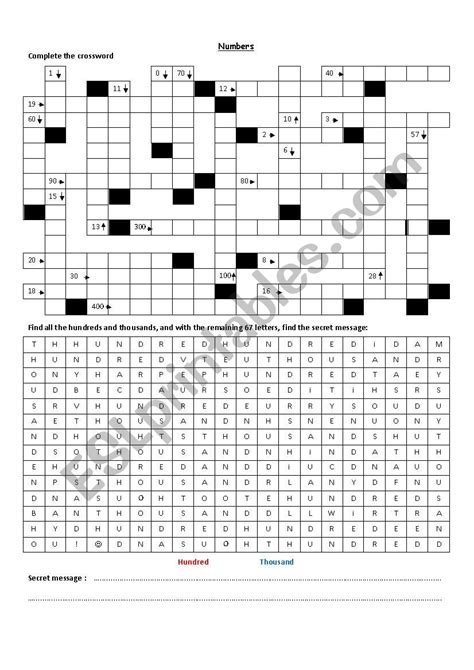 Crossword And Wordsearch Numbers 1 1000 Esl Worksheet By Bcasteleyn