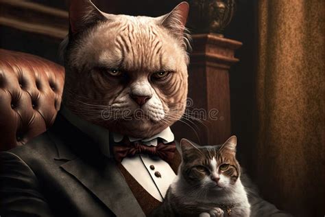 Godfadther Mafia Cat Portrait Illustration Generative Ai Stock