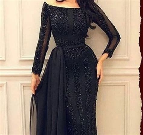 Wholesale Arabic Muslim Evening Dress Long Sleeve Beading Black Formal Prom Dress Custom Made