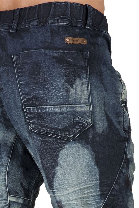 Level 7 Mens Clouded Wash Dark Blue Knit Denim Jogger Capri Shorts