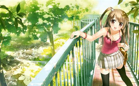 Anime Girls Schoolgirls Bridge Garden Smiling Wallpapers Hd