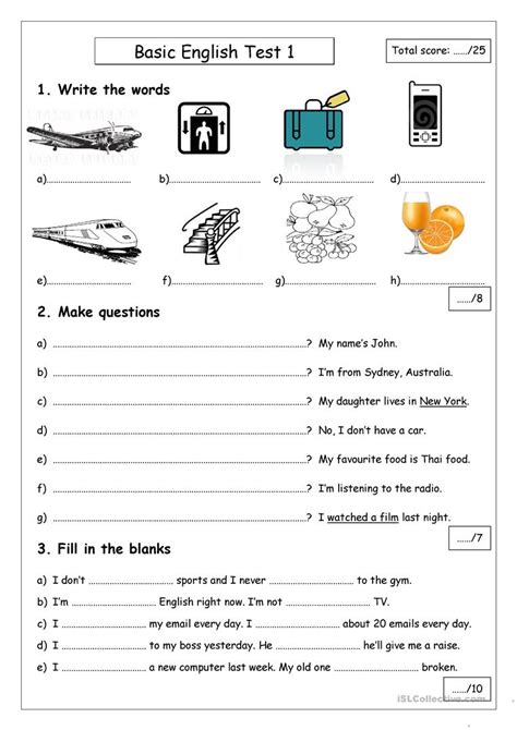 Our web page offers english lessons for kids that will make learning english for kids, a child's play. Basic English Test 1 - English ESL Worksheets