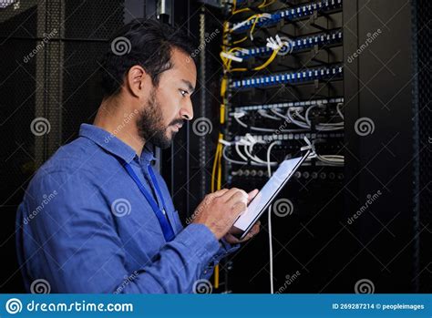 Database Tablet Server Room And Engineer Man Looking At Research For