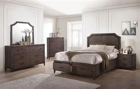 Panel bed shown in antiqued grey oak. Richmond Dark Gray Oak Storage Panel Bedroom Set from Coaster | Coleman Furniture