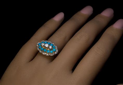 Vintage Turquoise Diamond Platinum Gold Ring Ref 424380 Antique