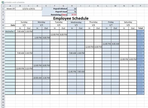 Free Printable Work Schedule