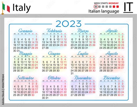 Italian Horizontal Pocket Calendar For 2023 Week Starts Monday Stock