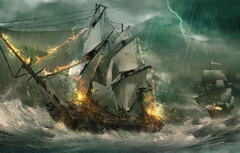 Wallpaper Sea Wave Storm Lightning Ships Sailboats Frigates Sea