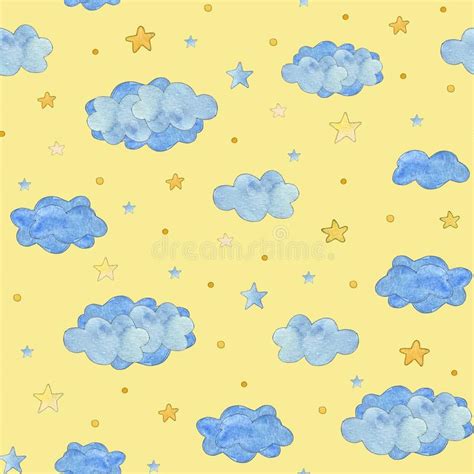 Seamless Pattern With Blue Clouds And Yellow Stars Baby Background