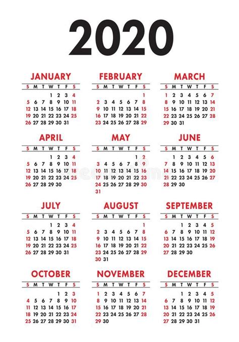 Calendar 2020 Year Vector Design Template English Vertical Pocket