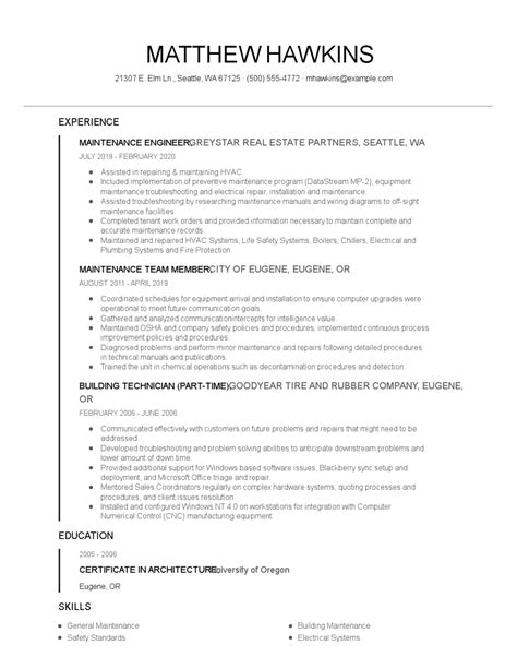 Maintenance Engineer Resume Examples And Tips Zippia