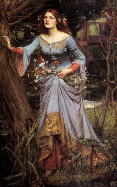 A Painting Of A Woman In A Blue Dress Standing Next To A Tree With Flowers