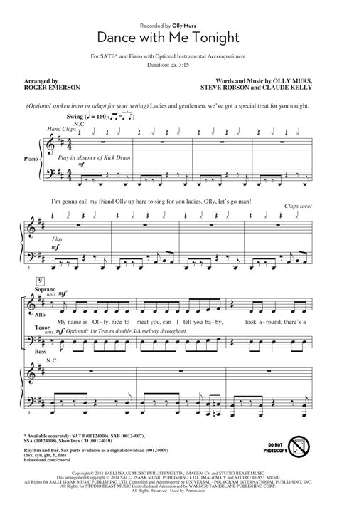 Dance With Me Tonight Arr Roger Emerson Sheet Music Olly Murs