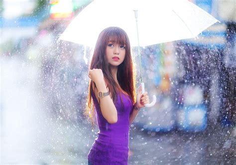 Wallpaper Women Model Asian Rain Photography Umbrella Blue