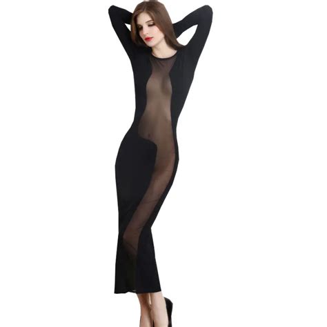 European Black Sheer Mesh Dress Sexy Night Club Dress 2017 Long Sleeve Evening See Through Sexy